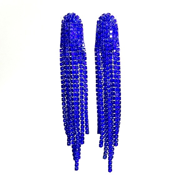 Prom Pageant Bridal Jewelry - Electric Blue Rhinestone Fringe Tassel Earrings